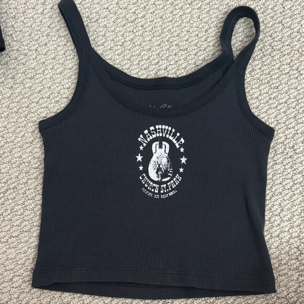 Brandy Melville Black Ribbed Nashville Graphic Crop Tank
